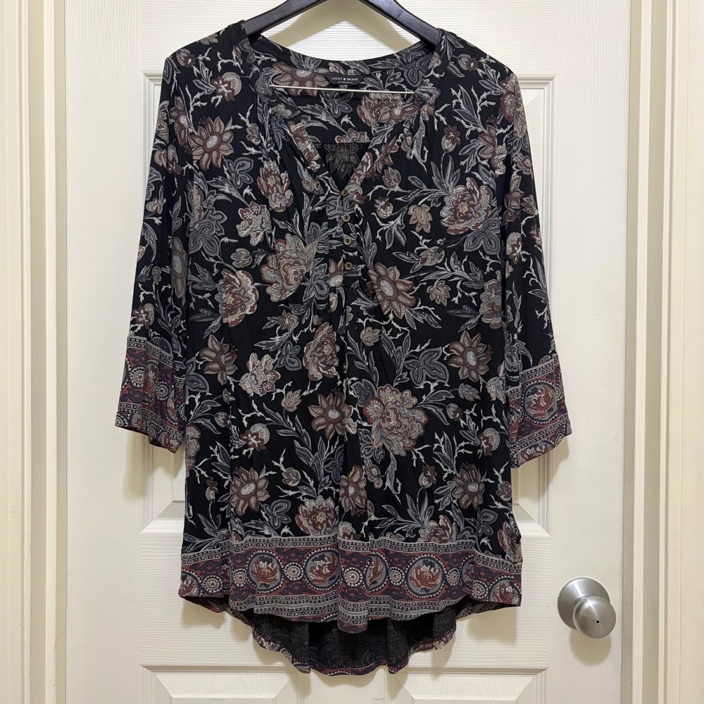 Lucky Brand Paisley Floral Tunic Top Size 1X 3/4 Sleeve Boho Fall